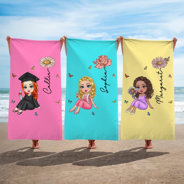 Gepersonaliseerde Multicolor Cartoon Graduate Oversized Quick Dry Strandlaken met Geboortebloem en Naam Afstudeer Strand Zwembad Feest Cadeau voor Vrouwen
