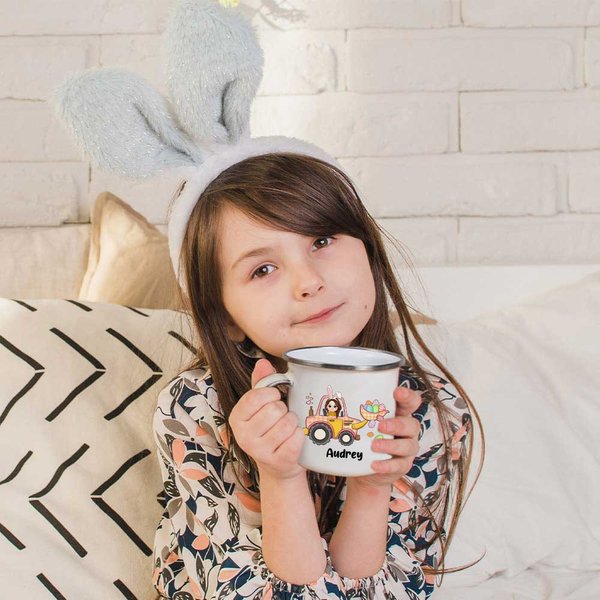Personalisierte Ostern Cartoon Charakter Bagger 11oz Emaille Becher mit Namen Ostern Party Geschenk für Jungen Mädchen