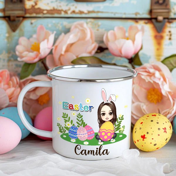 Spersonalizowany kubek wielkanocny Cute Easter Eggs Grassland Cartoon Character Name 11 oz Emaliowany kubek na imprezę Wielkanocny prezent dla dziewczynek i chłopców