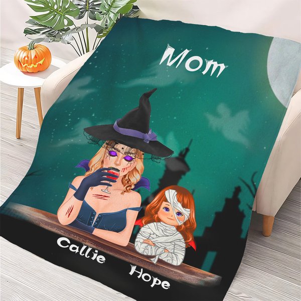 Spersonalizowany koc na Halloween Wiedźma Wampir Postać z kreskówki Miękki koc z 1-6 imionami Wystrój domu Prezent na imprezę świąteczną dla rodziny i dzieci