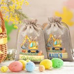 Personalised Cute Bunny Excavator Design Reusable Drawstring Burlap Treat Bag with Name Easter Party Gift for Kids