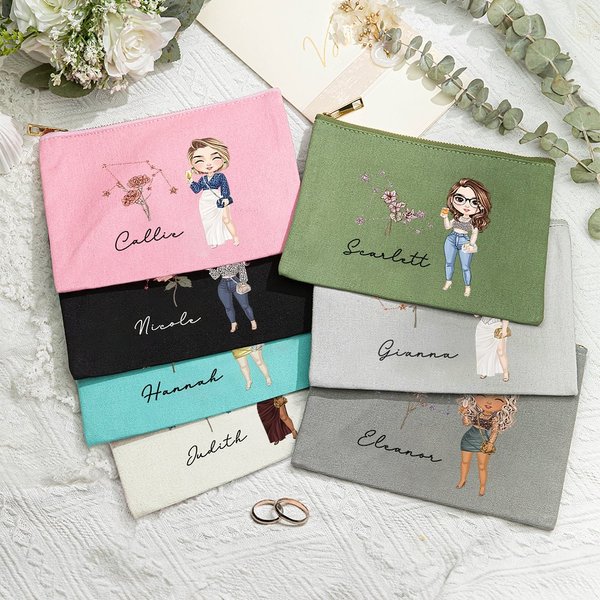 Personalised Cartoon Character Zodiac Birth Flower Portable Makeup Bag with Name Birthday Travel Accessories Gift for Women