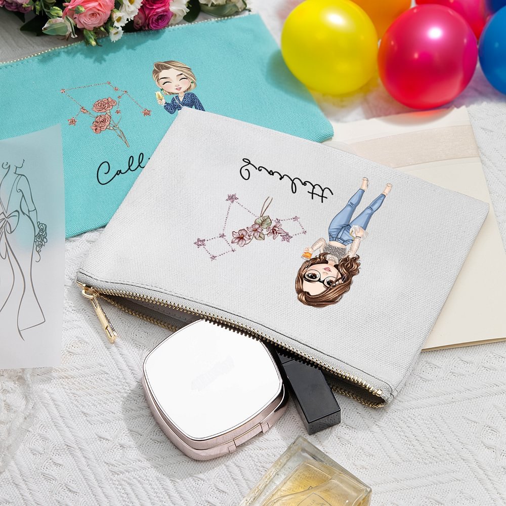Personalised Cartoon Character Zodiac Birth Flower Portable Makeup Bag with Name Birthday Travel Accessories Gift for Women 4