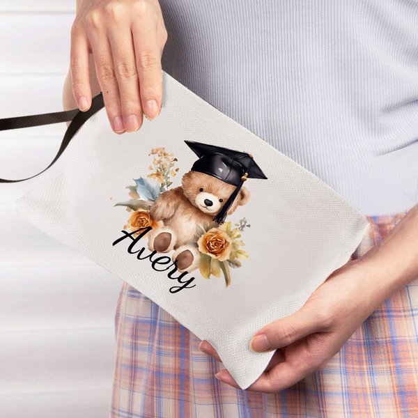 Personalized Cartoon Graduation Hat Bear Floral Cosmetic Bag with Name Birthday Graduation Gift for Graduates