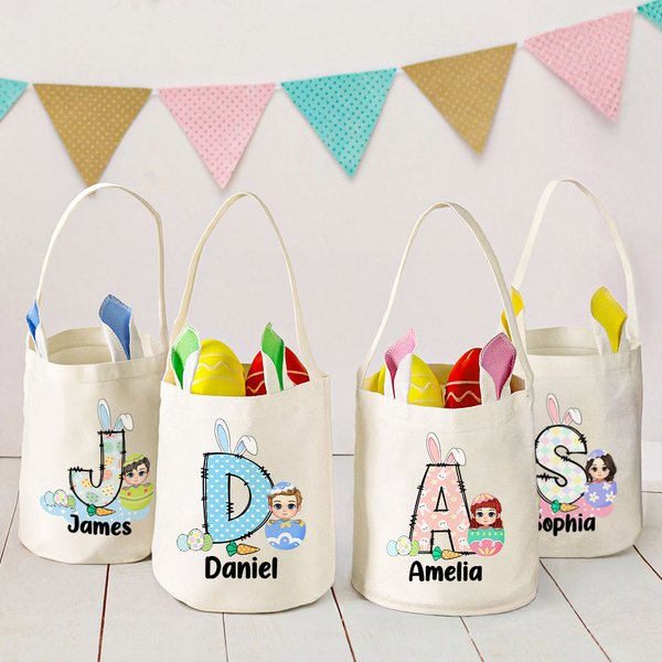 Personalized Watercolor Easter Bunny Egg Initial Basket with Name Easter Party Birthday Gift for Boys Girls (Batch)