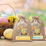 Personalised Cute Bunny Excavator Design Reusable Drawstring Burlap Treat Bag with Name Easter Party Gift for Kids