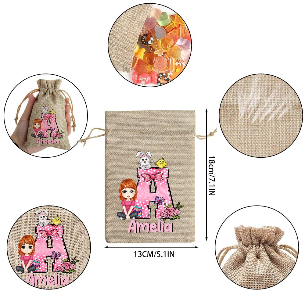 Sac à friandises personnalisé en toile de jute avec nom Cadeau de Pâques pour les enfants 7