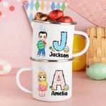 Personalized Easter Bunny Egg Cartoon Character 11oz Enamel Mug with Initial and Name Easter Party Gift for Boys Girls