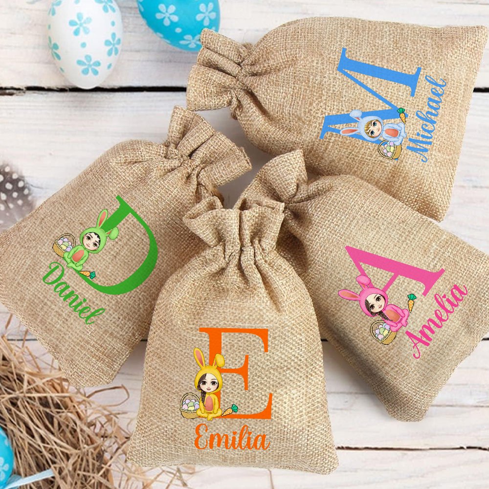Sac à friandises en toile de jute réutilisable avec initiales et nom Cadeau de Pâques pour enfants 2