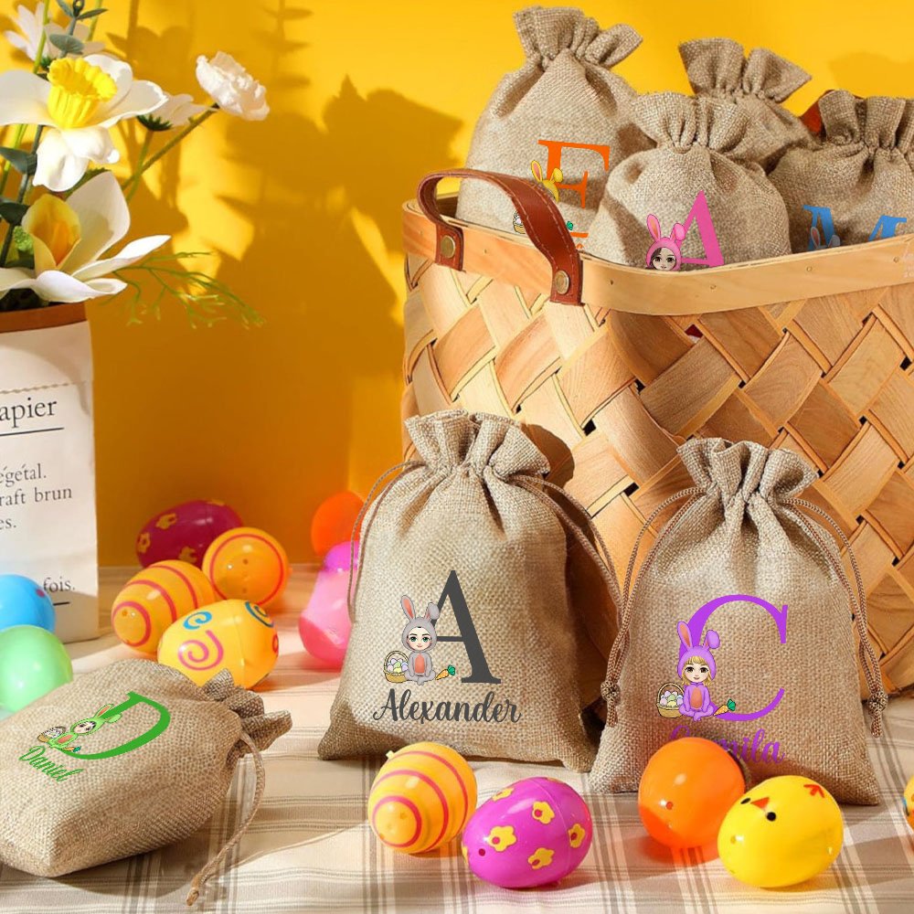 Sac à friandises en toile de jute réutilisable avec initiales et nom Cadeau de Pâques pour enfants 3