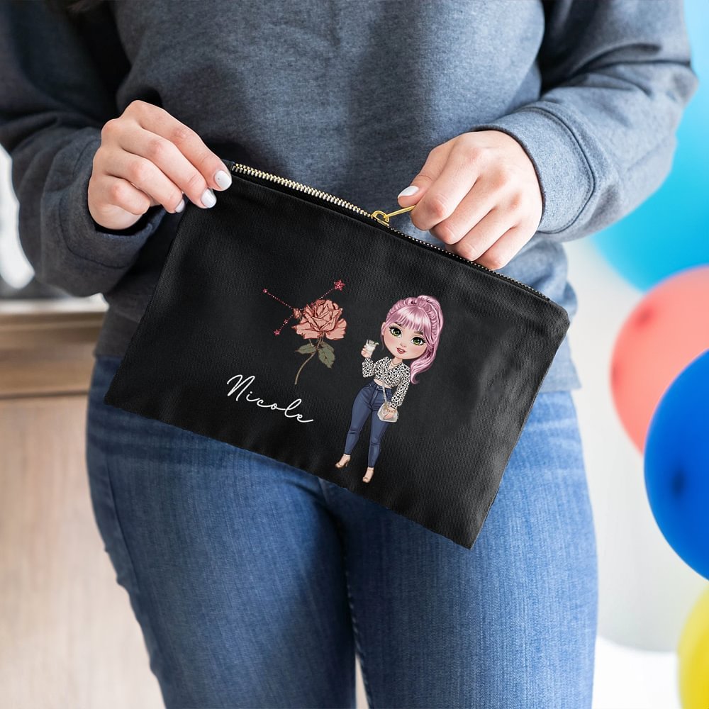 Personalised Cartoon Character Zodiac Birth Flower Portable Makeup Bag with Name Birthday Travel Accessories Gift for Women 5