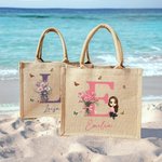 Bolso de yute reutilizable con nombre personalizado con flores de nacimiento y personaje de dibujos animados regalo de cumpleaños para mujeres y niñas