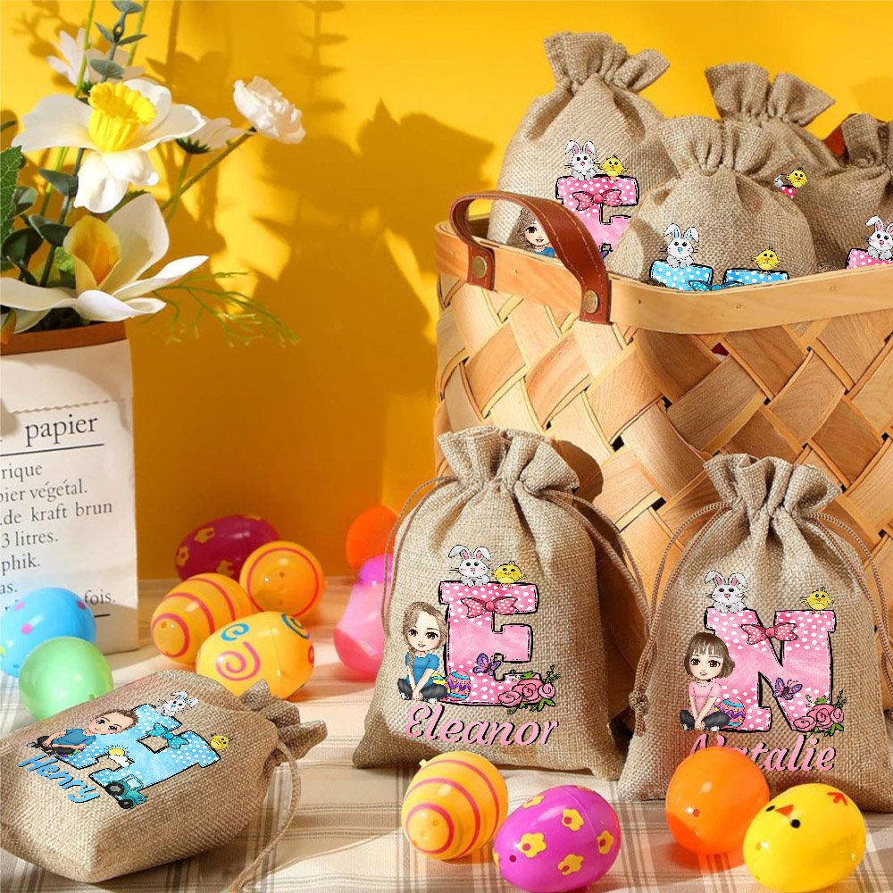 Sac à friandises personnalisé en toile de jute avec nom Cadeau de Pâques pour les enfants 3