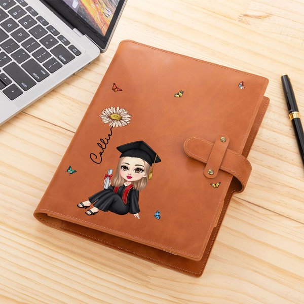 Copertina taccuino in pelle personalizzata con nome fiore di nascita e personaggio cartone animato regalo per laurea e compleanno per laureati