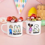 Personalized Easter Bunny Egg Cartoon Character 11oz Enamel Mug with Initial and Name Easter Party Gift for Boys Girls