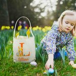 Personalized Cartoon Easter Bunny Character Bucket Bag Basket with Initial and Name Easter Egg Hunt Supplies Party Pavors Gift for Boys Girls