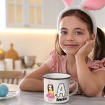 Personalized Easter Bunny Egg Cartoon Character 11oz Enamel Mug with Initial and Name Easter Party Gift for Boys Girls