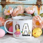 Personalized Easter Bunny Egg Cartoon Character 11oz Enamel Mug with Initial and Name Easter Party Gift for Boys Girls