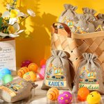 Personalised Cute Bunny Excavator Design Reusable Drawstring Burlap Treat Bag with Name Easter Party Gift for Kids