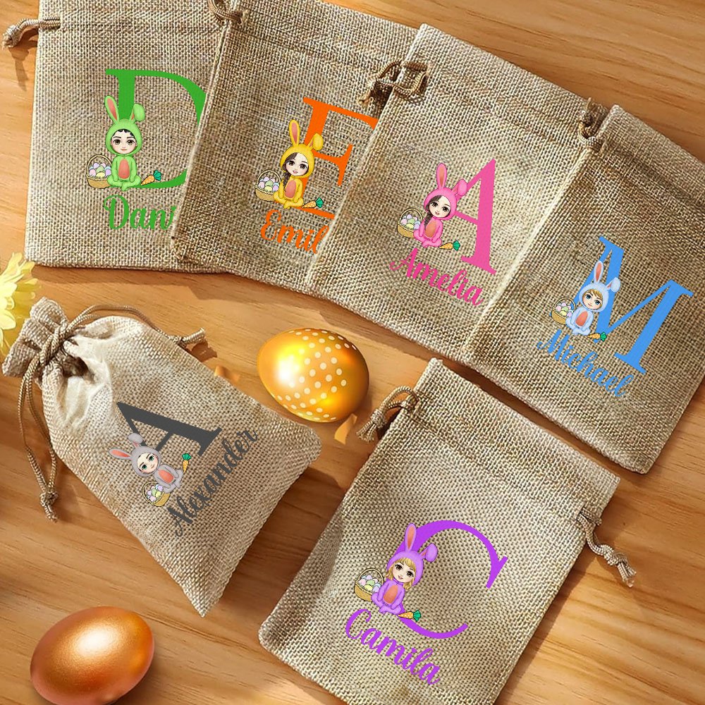 Sac à friandises en toile de jute réutilisable avec initiales et nom Cadeau de Pâques pour enfants 4