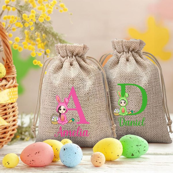 Sac à friandises en toile de jute réutilisable avec initiales et nom Cadeau de Pâques pour enfants