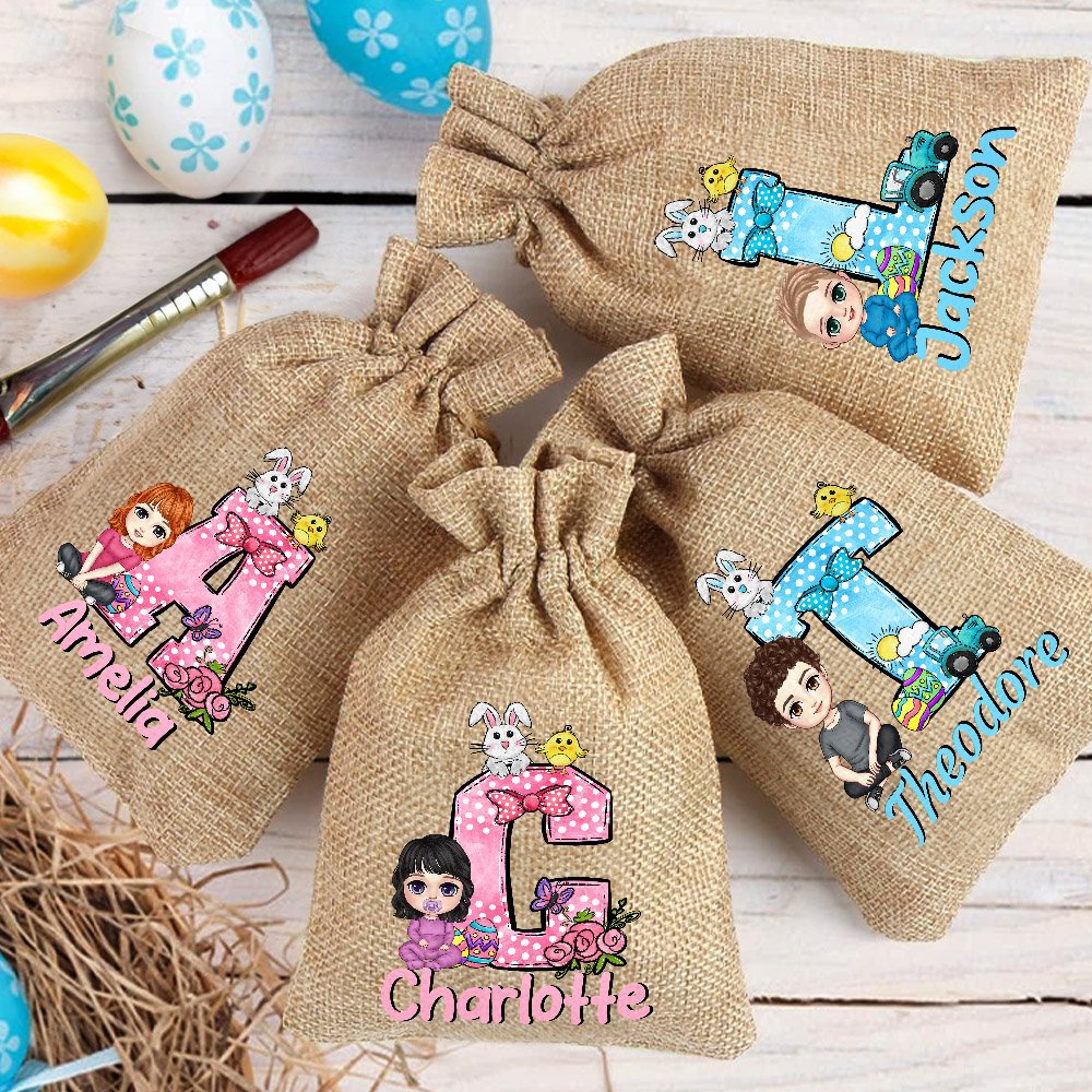 Sac à friandises personnalisé en toile de jute avec nom Cadeau de Pâques pour les enfants 4