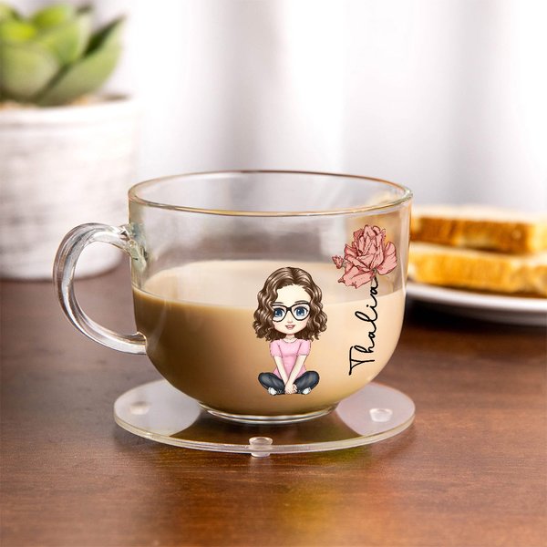 Personalized Cartoon Character Birth Flower Clear Glass Coffee Tea Cup and Acrylic Coaster with Name Anniversary Birthday Gift for Women Girls