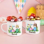 Spersonalizowany kubek wielkanocny Cute Easter Eggs Grassland Cartoon Character Name 11 oz Emaliowany kubek na imprezę Wielkanocny prezent dla dziewczynek i chłopców