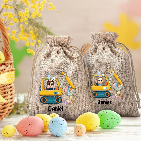 Personalizzato coniglietto personaggio cartoon escavatore uova di Pasqua riutilizzabile coulisse Burlap trattare borsa con nome regalo di festa di Pasqua per i bambini