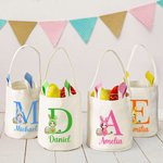 Personalized Cartoon Easter Bunny Character Bucket Bag Basket with Initial and Name Easter Egg Hunt Supplies Party Pavors Gift for Boys Girls