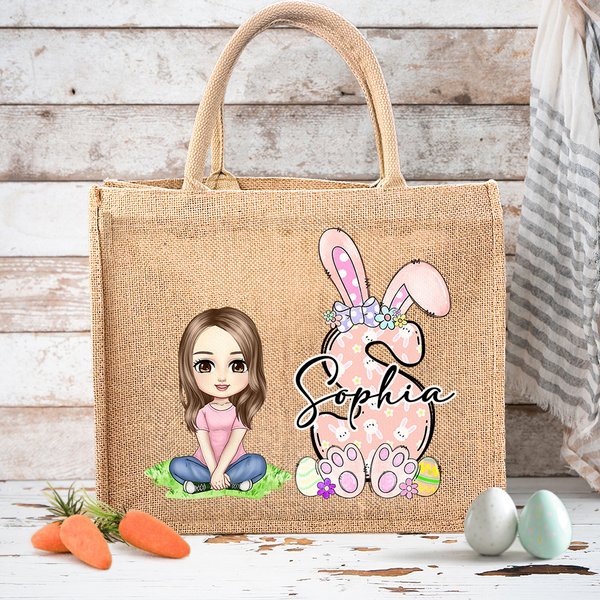 Personalized Cartoon Character Easter Egg Grassland Jute Tote Bag with Initial Name Party Favor Easter Hunting Gift for Boys Girls