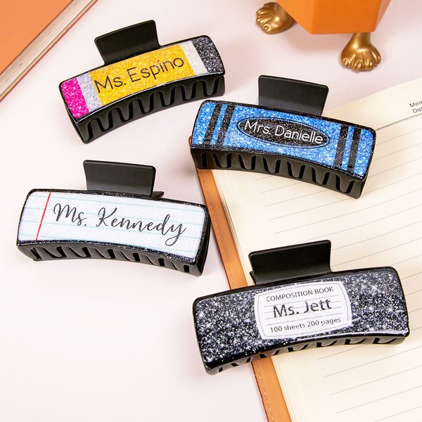Personalized Glitter Crayon Pencil Notebook Design Claw Hair Clip with Name Hair Accessories Birthday Appreciation Gift for Women Teacher