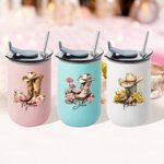 Gobelet 300 ml Personnalisé avec Fleur de Naissance et Nom Style de Chapeau Western Cowgirl Boots Cadeau Fête de Mariage Anniversaire pour Femme