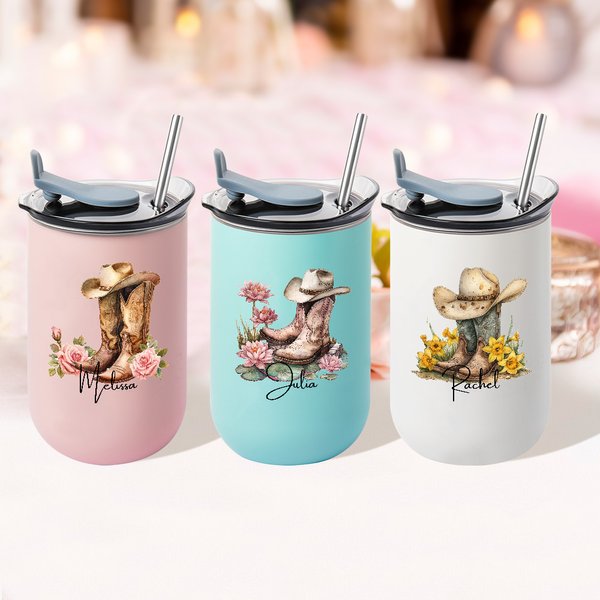 Gobelet 300 ml Personnalisé avec Fleur de Naissance et Nom Style de Chapeau Western Cowgirl Boots Cadeau Fête de Mariage Anniversaire pour Femme