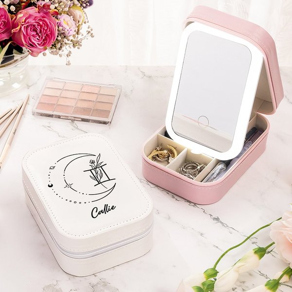 Personalized Zodiac Birth Flower Leather Name Jewellery Box with Adjustable LED Makeup Mirror Travel Essentials Birthday Gift for Women Girls