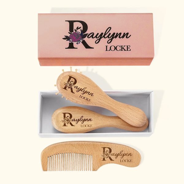 Personalized Baby Wooden Brush and Comb Set with Baby Pacifier Clip and Blanket Baby Shower Gift for Newborn