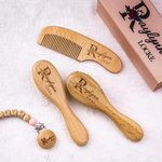 Personalized Baby Wooden Brush and Comb Set with Baby Pacifier Clip and Blanket Baby Shower Gift for Newborn
