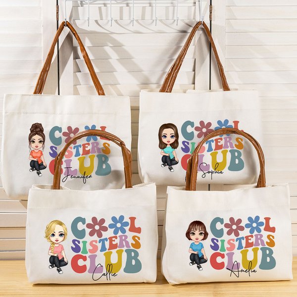 Personalized Cartoon Cool Sisters Canvas Tote Bag with Leather Handle and Name Birthday Travel Accessories Gift for Women Girls