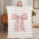 Personalised Girly Pink Coquette Bow Soft Throw Blanket with Repeating Names Trendy Home Decor Birthday Gift for Women Girls