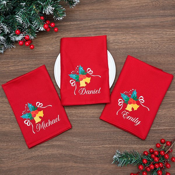 Serviette de table carrée réutilisable personnalisée avec nom Cloche de Noël Holly Cadeau de pendaison de crémaillère pour la famille 100% coton