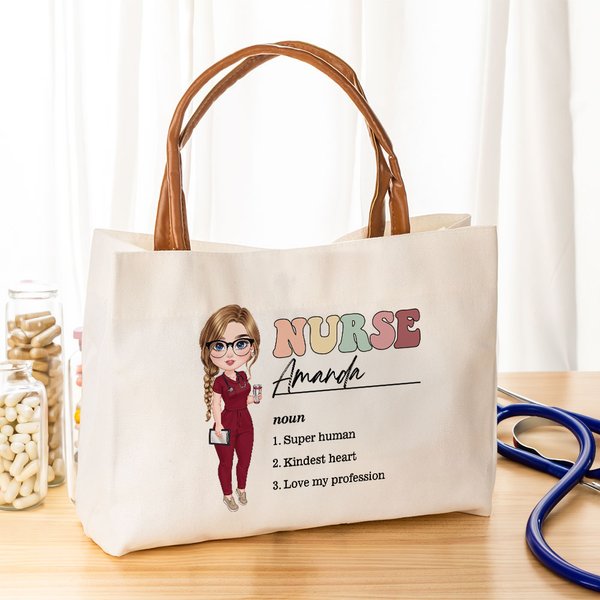 Personalizada Caricatura Médico Personaje 3 Sustantivos Lienzo Bolsa Tote con Nombre y Asa de Piel Regalo de Cumpleaños Gratitud para Enfermera Doctor Personal Médico