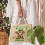 Personalised Lucky Shamrock St. Patrick's Day Highland Cow Large Jute Tote Bag with Name and Text Irish Festival Religious Gift for Family Friends