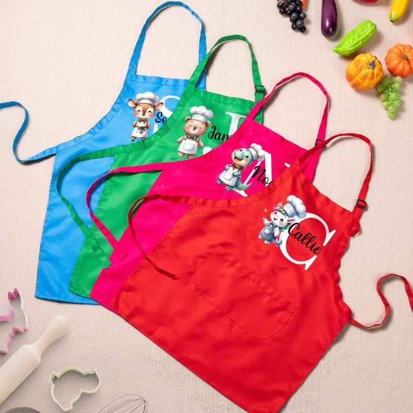 Delantal ajustable con iniciales de cordero, dinosaurio, animal y bolsillo. Regalo de cumpleaños para niños.