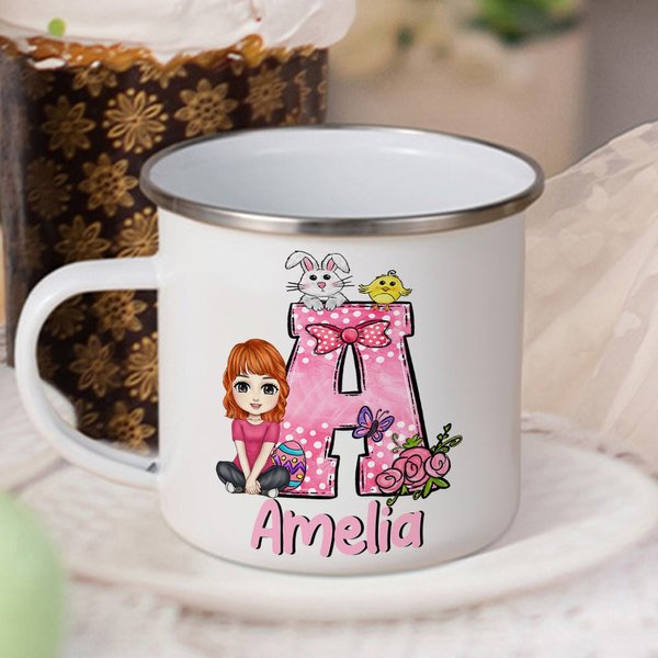 Personalisierte Cartoon-Charakter Hase Küken Bow Initial 12oz Emaille Becher mit Namen Ostern Party Geschenk für Kinder
