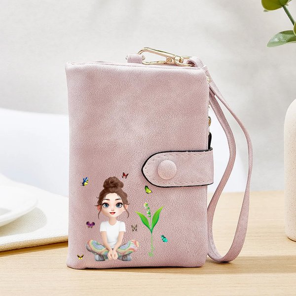 Henkilökohtainen 3D Cartoon Girl Tri-Fold PU Nahka Rannekoru lompakko syntymän kukka ja nimi syntymäpäivä vuosipäivä lahja naisille tytöille