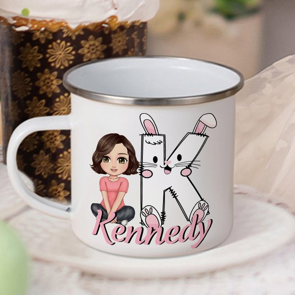 Gepersonaliseerde schattige cartoonfiguur Bunny kuiken initiaal 12oz emaille mok met naam Paasfeest geschenk voor kinderen