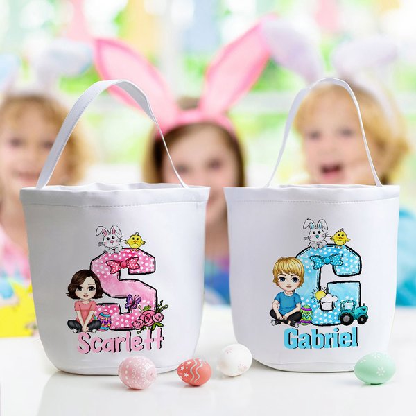 Personalized Cartoon Character Bunny Chick Bow Initial Sweets Storage Bucket Bag with Name Easter Egg Hunting Gift for Kids