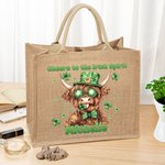 Personalised Lucky Shamrock St. Patrick's Day Highland Cow Large Jute Tote Bag with Name and Text Irish Festival Religious Gift for Family Friends