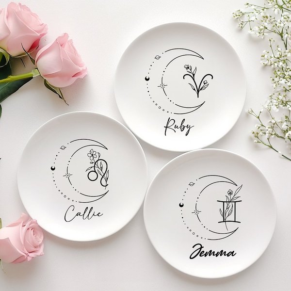 Personalized Constellation Zodiac Sign Flower Round Ceramic Trinket Jewelry Dish with Name Birthday Wedding Gift for Women