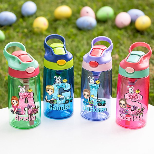 Bouteille 475 ml Personnalisée avec Personnage et Nom Gourde avec Anse et Paille Cadeau Anniversaire Pâques pour Garçon Fille